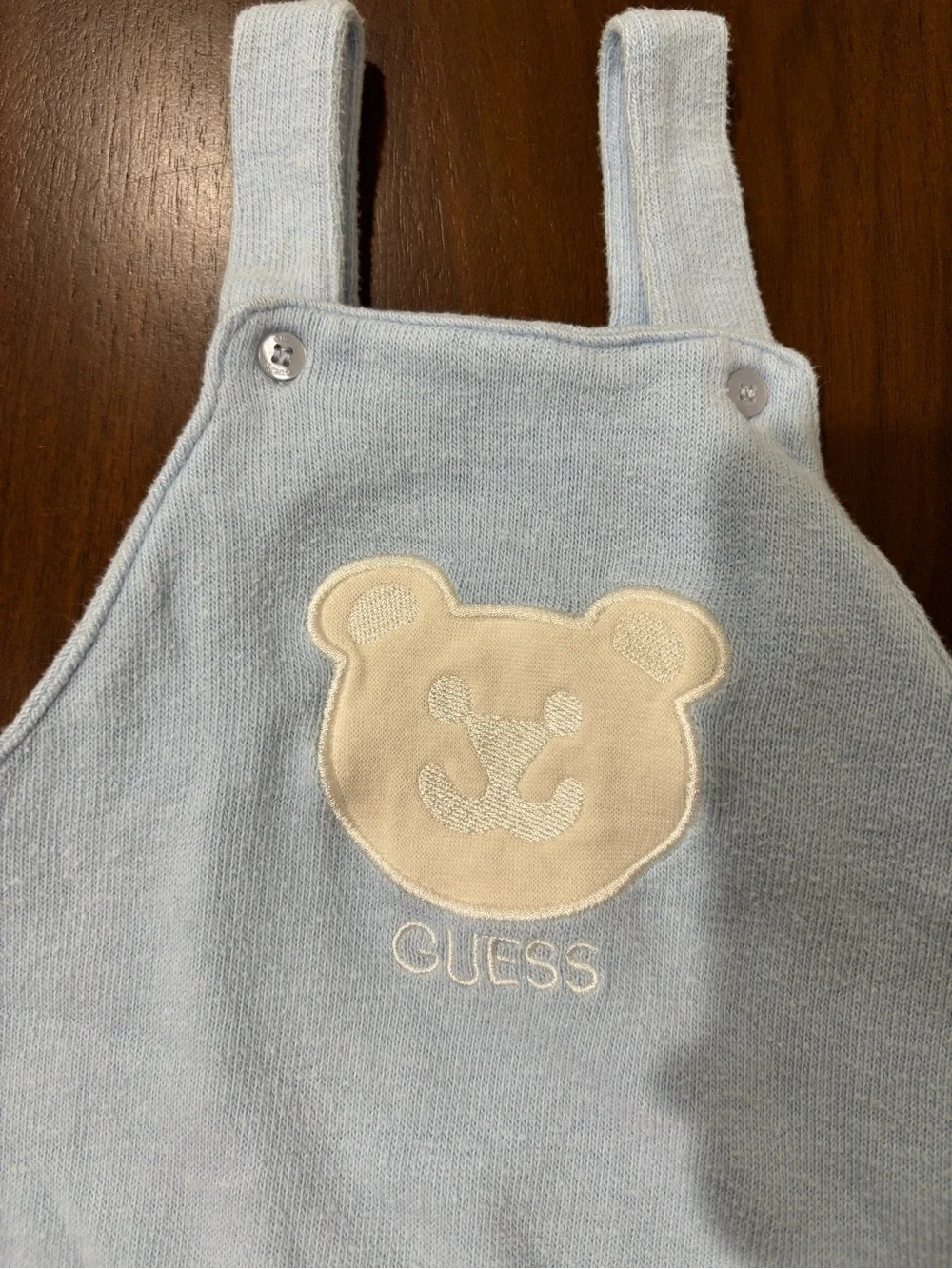Guess Light Blue Overalls with Cream Bear Applique